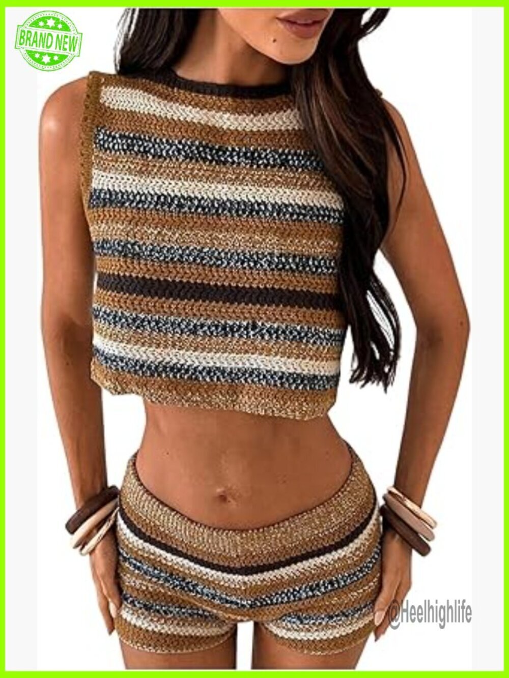 Striped Knit Crop Top and Micro Shorts Set, Polyester, Summer Casual